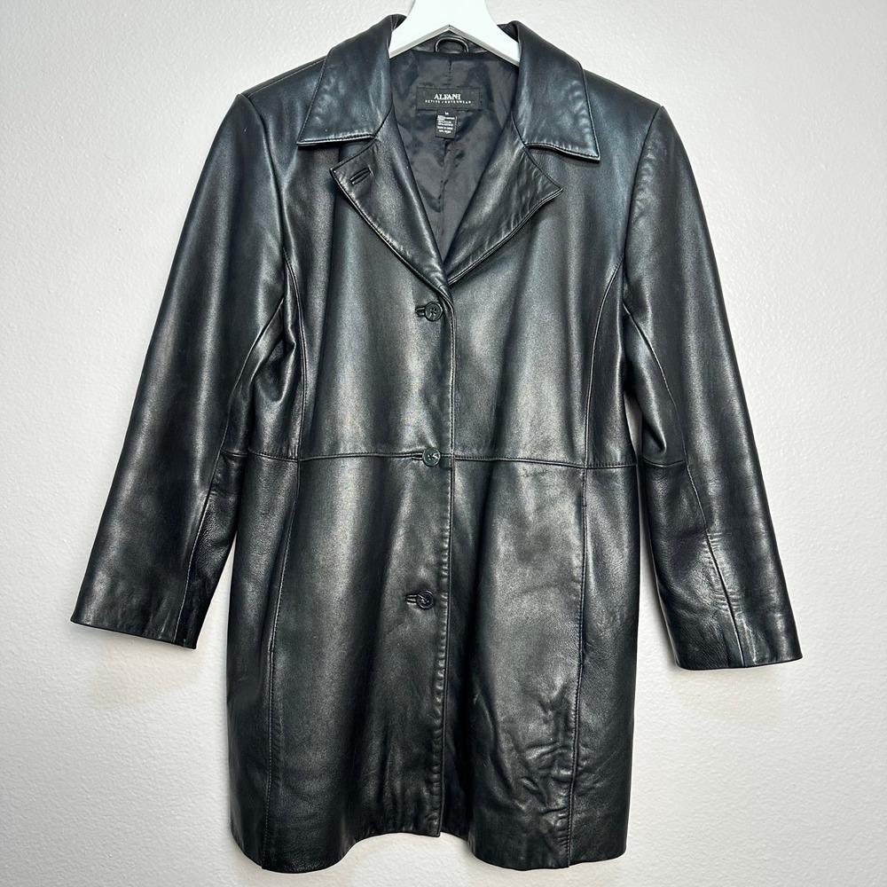 Vintage Alfani Petite Black Genuine Leather Jacket Longline Coat Womens M